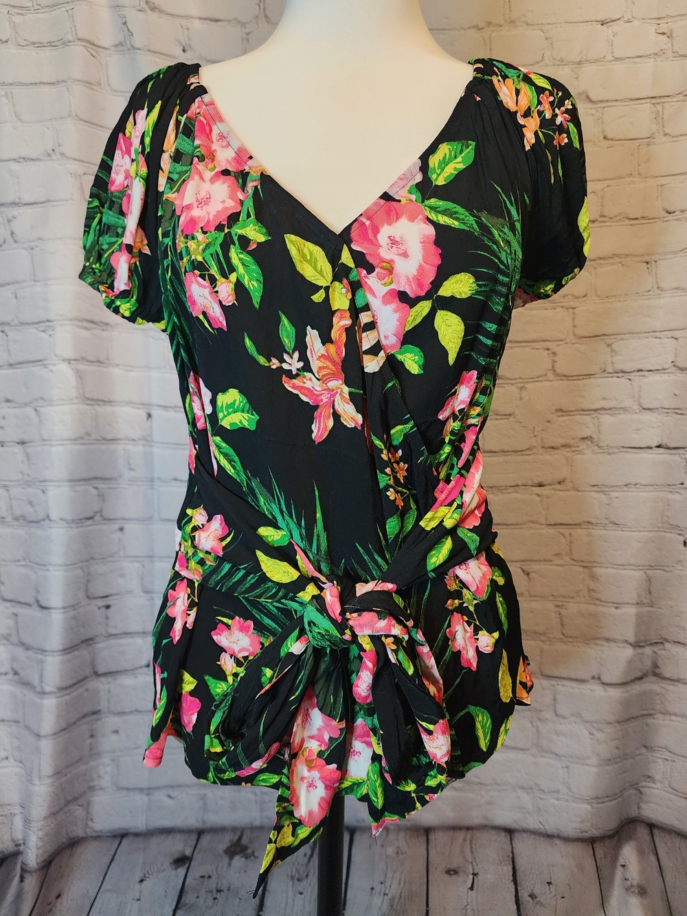 New York & Company Black Floral Wrap Tie Blouse